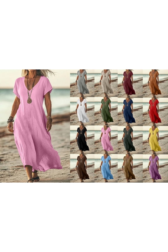 Women's V-Neck Linen Short Sleeve Dress Breathable Casual Summer Beach Midi Dress Coffee Size M
