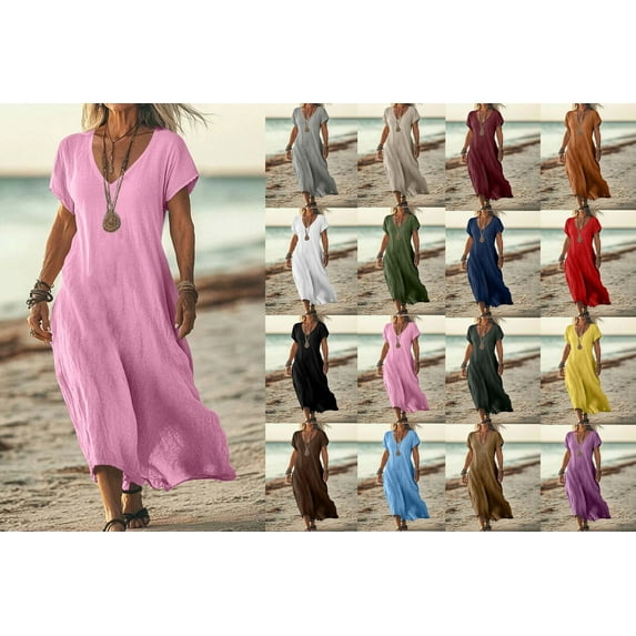 Crunowin Women's V-Neck Linen Short Sleeve Dress Breathable Casual Summer Beach Midi Dress White Size 5XL