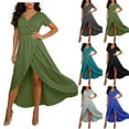 thumbnail image 1 of Crunowin Women's V Neck Maxi Dress, Short Sleeve High Slit Elastic Waist Summer Casual Flowy Long Dress Army Green L, 1 of 8