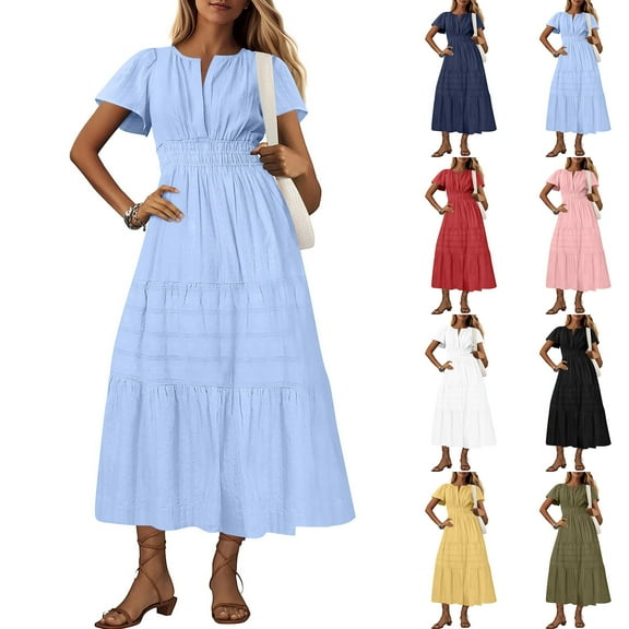 Crunowin Women's V-Neck Pleated Dresses Midi Dresses Short Sleeve Elastic Waist Boho Summer Beach Dress with Pockets Blue Size L