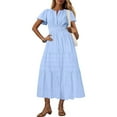 thumbnail image 1 of Crunowin Women's V-Neck Pleated Dresses Midi Dresses Short Sleeve Elastic Waist Boho Summer Beach Dress with Pockets Blue Size XL, 1 of 9