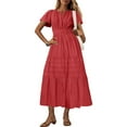 thumbnail image 1 of Crunowin Women's V-Neck Pleated Dresses Midi Dresses Short Sleeve Elastic Waist Boho Summer Beach Dress with Pockets Red Size M, 1 of 8