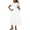 thumbnail image 1 of Crunowin Women's V-Neck Pleated Dresses Midi Dresses Short Sleeve Elastic Waist Boho Summer Beach Dress with Pockets White Size L, 1 of 8