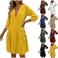thumbnail image 1 of Crunowin Women's V-Neck Quarter Sleeve Linen Dress, Loose Fit Solid Casual Dress With Pockets Navy M, 1 of 8