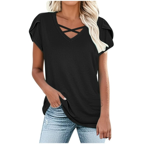 Crunowin Women's V-neck Tops with Cross Strap Casual Short Sleeve Blouse Tops Summer T-shirts Black Size M