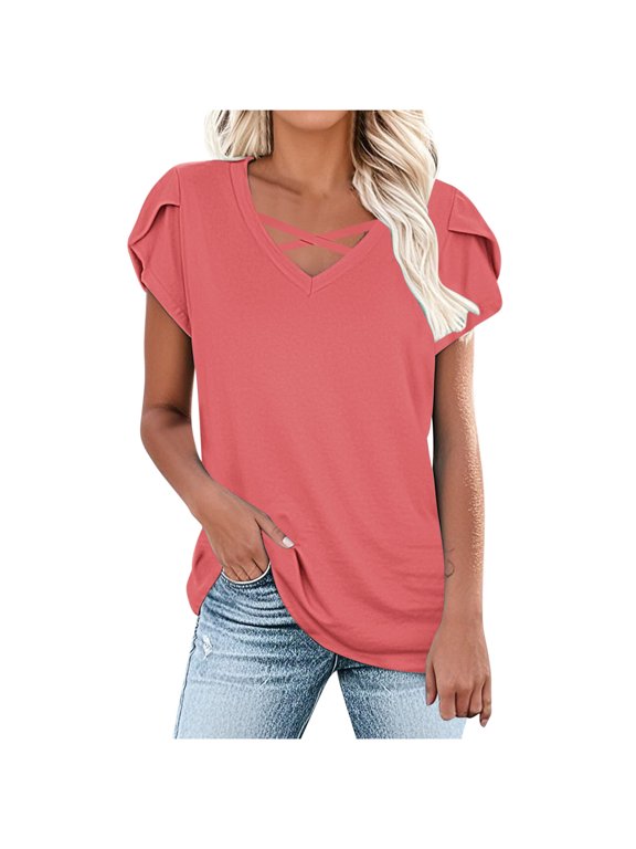 Women's V-neck Tops with Cross Strap Casual Short Sleeve Blouse Tops Summer T-shirts Watermelon Red Size XL