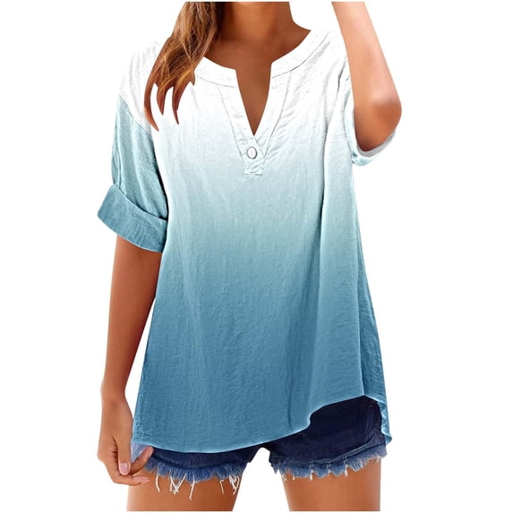 Crunowin Women's Veck Button Tops Short Sleeve Gradient Color Shirts Multicolor Size M