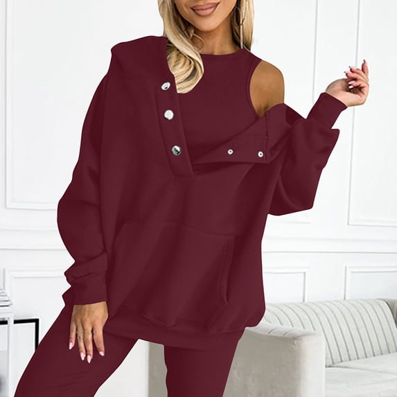 Crunowin Women's Vest Sweatshirts Suits, Oversize Fit Solid Color Button Long Sleeve Casual Fashion Pullovers 2 Piece Wine M