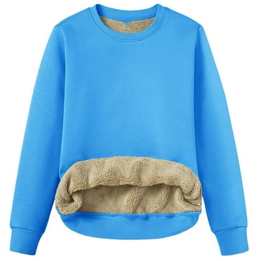 Crunowin Women's Warm Sherpa Fleece Lined Pullover, Long Sleeves Round Neck Solid Color Loose Fit Winter Tops Blue L