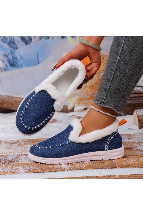 Women's Warm Winter Cotton Flats, Thick Sole Fleece Lined Interior Comfort Casual Shoes Blue 6