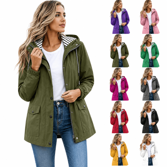 Crunowin Women's Waterproof Hiking Jacket Hooded Windbreaker with Drawstring Waist and Pockets Red Size 2XL