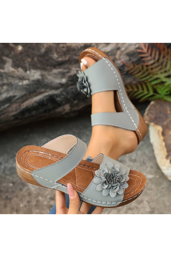 Women's Wedge Fish Mouth Slippers, Spring Summer Wear Beach Floral Pattern All Match Style Comfortable Slippers with Arch Support Gray