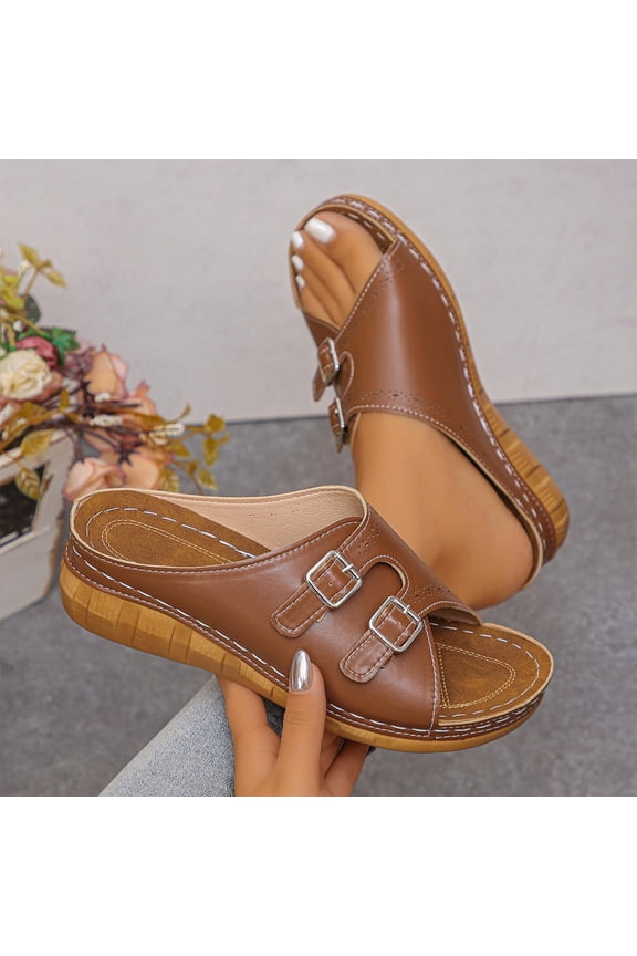 Women's Wedge Heel Fish Mouth Sandals, Beach Solid Color Thick Sole Slippers for Warm Weather Brown 6.5