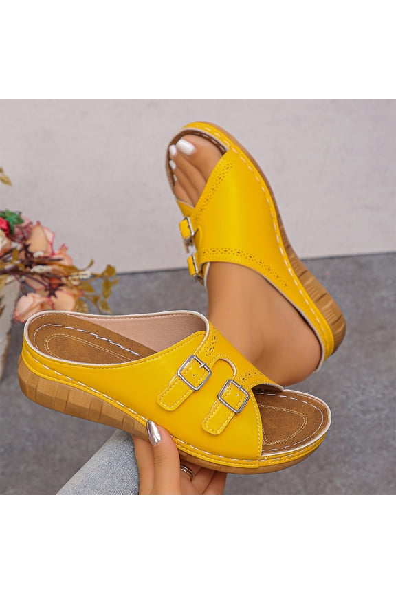 Women's Wedge Heel Fish Mouth Sandals, Solid Color Beach Thick Sole Slippers for Warm Weather Yellow 9.5