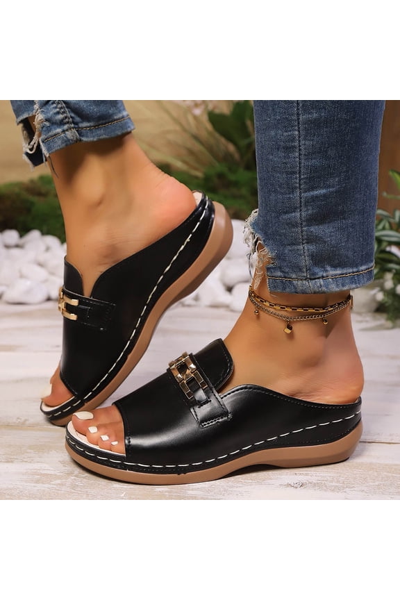 Women's Wedge Heel Flip Flops, Thick Sole Spring/Summer Metal Accent Detail Comfortable Slippers with Arch Support Black 9