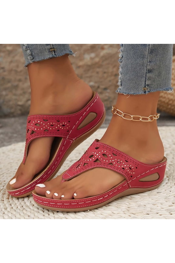 Women's Wedge Heel Flops, Sparkly Design Plus Size Beach Style Warm Weather Sandals Red