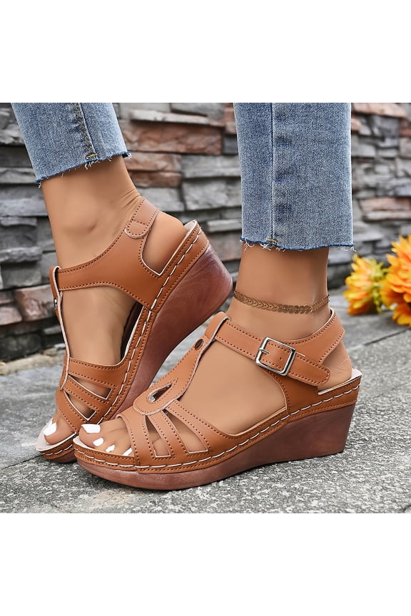 Women's Wedge Heel Sandals, Hollow Design Fish Mouth Oversized Buckle Summer Thick Heel Shoes Brown
