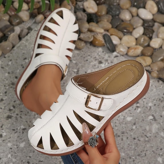 Crunowin Women's Wedge Heel Sandals, Hollow Design Solid Color Thick Bottom Comfortable Style Shoes White