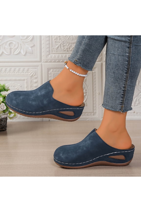 Women's Wedge Heel Sandals, Trendy Style Solid Color Closed Toe Beach Wear Sandals Blue