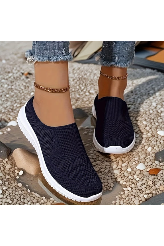 Women's Wedge Heel Shoes, Lightweight Breathable Knit Casual Comfortable Shallow Toe Spring/Summer Everyday Wear Shoes Dark Blue