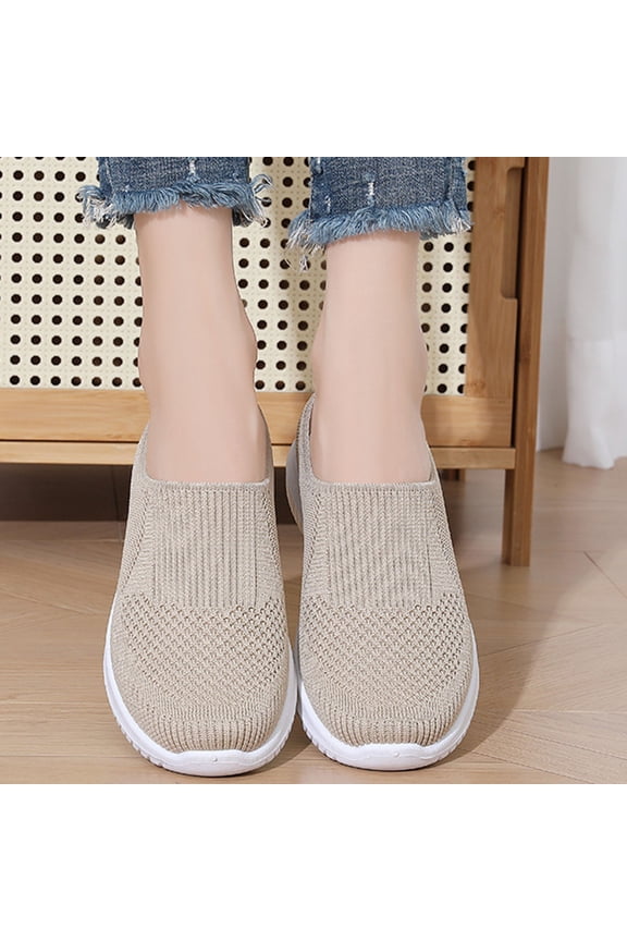 Women's Wedge Heel Shoes, Lightweight Breathable Knit Spring/Summer Casual Comfortable Shallow Toe Everyday Wear Shoes Beige