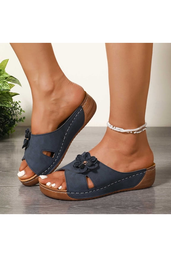 Women's Wedge Mule Slippers, Floral Pattern Spring/Summer One Strap Closure Comfortable Slippers with Arch Support Navy 9
