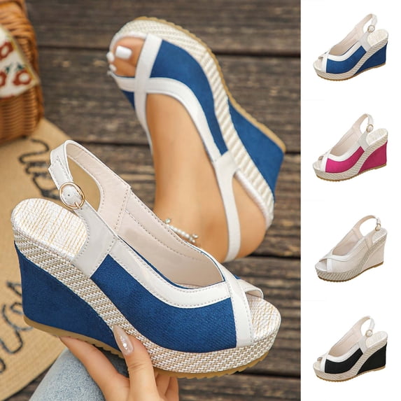 Crunowin Women's Wedge Sandals, Comfortable Peep Toe Buckle Strap Spring Summer Big Size Sandals Blue 7