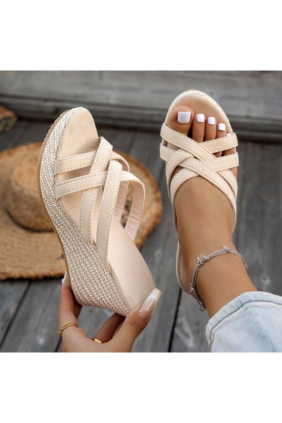 Women's Wedge Slippers, Open Toe Design Solid Color Style Plus Size Comfortable Slippers with Arch Support Beige