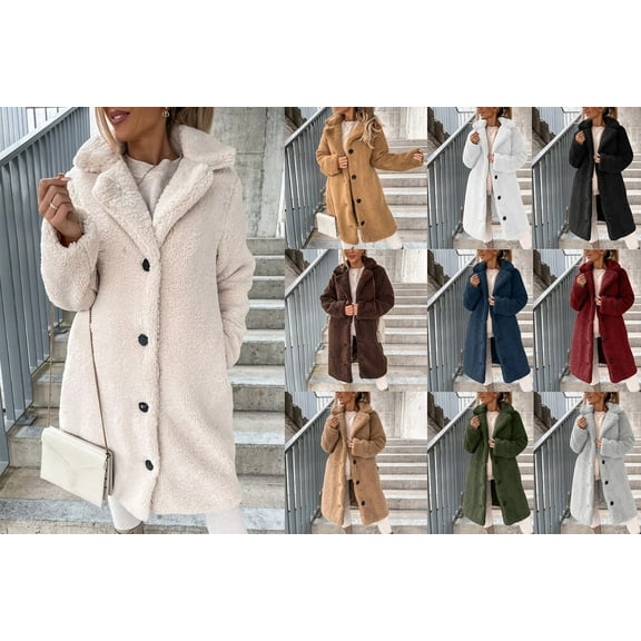 Crunowin Women's Winter Faux Fur Coats, Long Sleeve Lapel Button Down Pockets Fleece Jacket Casual Trendy Outerwear Brown 2XL