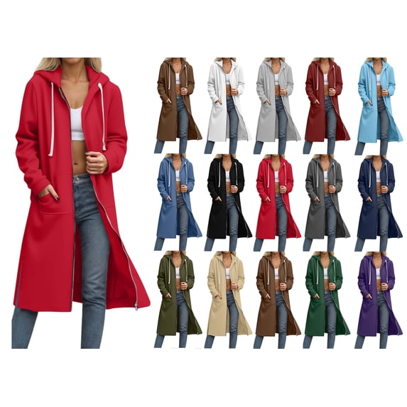 Crunowin Women's Zip Up Hoodie Oversized Long Tunic Sweatshirts, Casual Long Sleeve Fall Hoodie Jacket Red M