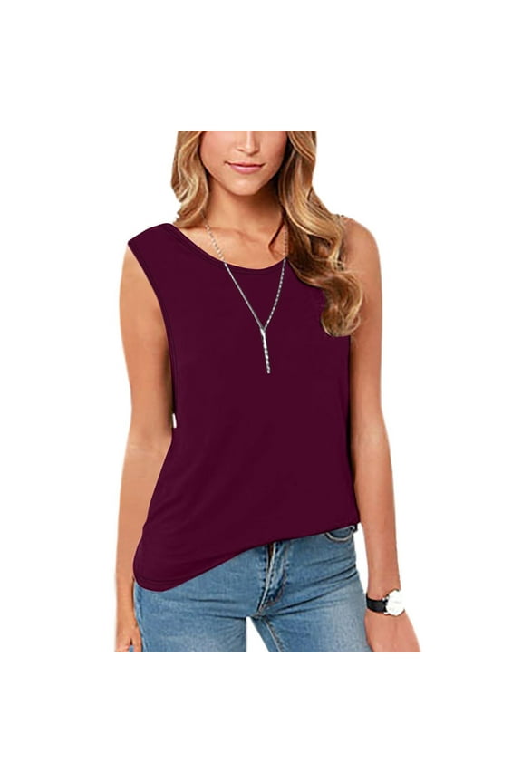 Womens Backless Tank Tops Solid Color Sexy Summer Tank Tops Breathable Round Neck Tops Wine Size XL