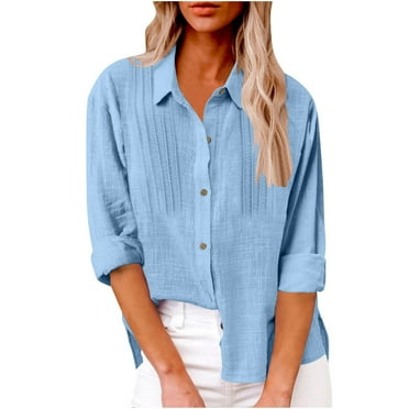 Crunowin Womens Button Down Shirts Gauze Cotton Dress Shirt Long Sleeve Oversized Boyfriend Solid Tunic Tops Blue Size L