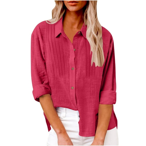 Crunowin Womens Button Down Shirts Gauze Cotton Dress Shirt Long Sleeve Oversized Boyfriend Solid Tunic Tops Hot Pink Size L