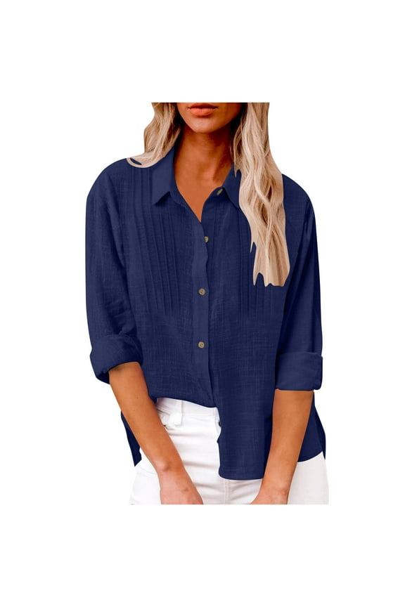 Womens Button Down Shirts Gauze Cotton Dress Shirt Long Sleeve Oversized Boyfriend Solid Tunic Tops Navy Size M