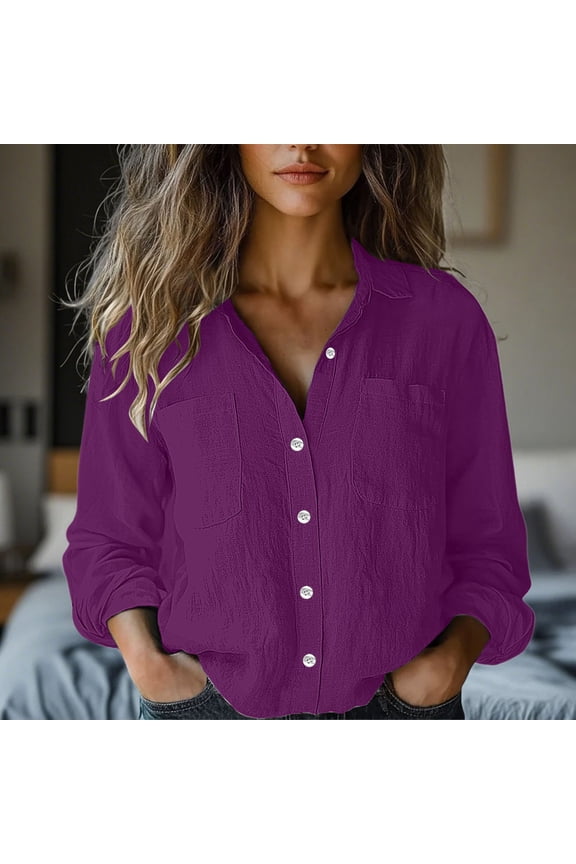 Womens Button Down Shirts Long Sleeve Linen Blouse Tops for Spring Summer Purple Size M