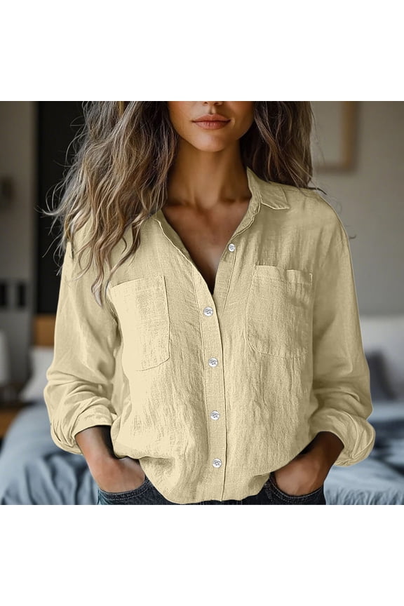 Womens Button Down Shirts Solid Color Long Sleeve Linen Blouse Tops for Spring Summer Khaki Size XL