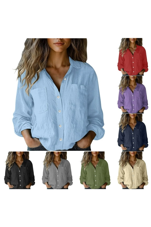 Womens Button Down Shirts Solid Color Long Sleeve Linen Blouse Tops for Spring Summer Sky Blue Size L