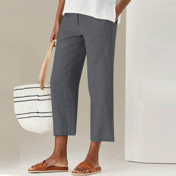 Crunowin Womens Capri Pants, Stright Leg Linen Pants Casual Outdoor Loose Fit Pants Dark Gray XL
