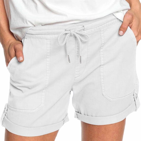 Crunowin Womens Cargo Shorts with Button Decoration, Solid Color Summer Shorts with Pockets White 2XL