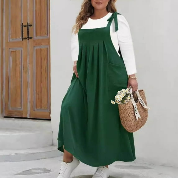 Crunowin Womens Casual Plus Size Dress with Pockets Solid Color Suspender Jumpsuit Long Skirt Green Size XL