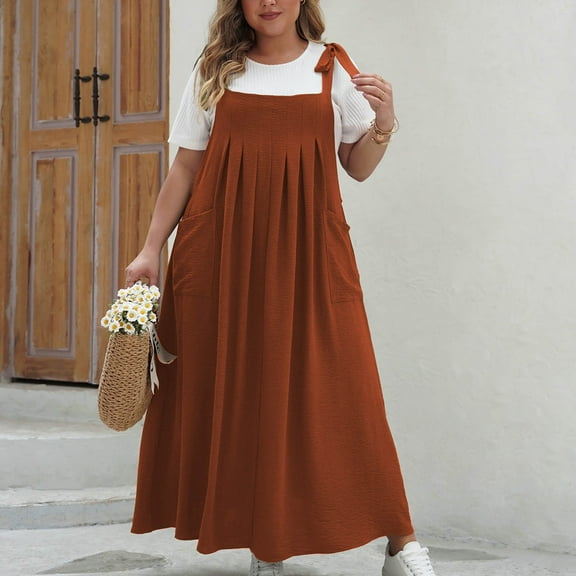 Crunowin Womens Casual Plus Size Dress with Pockets Solid Color Suspender Jumpsuit Long Skirt Red Size 4XL