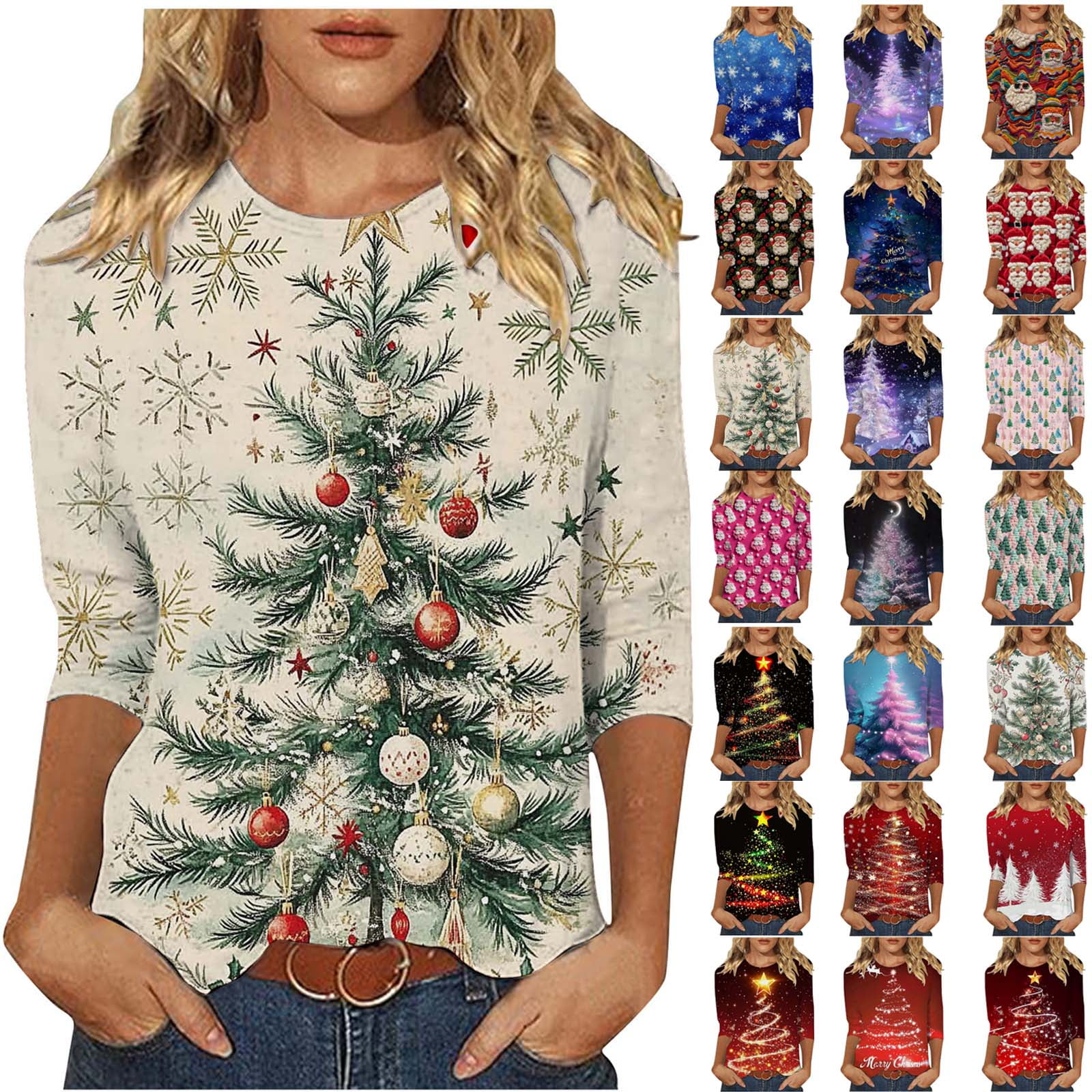 Crunowin Womens Christmas Shirts, Christmas Tree Printed Tshirts 3/4 — free download