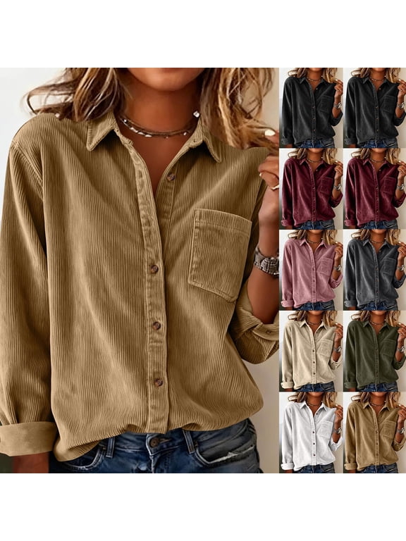Womens Corduroy Button Down Shirts, Long Sleeve Lapel Cardigan Casual Fall Winter Blouse Top Beige M