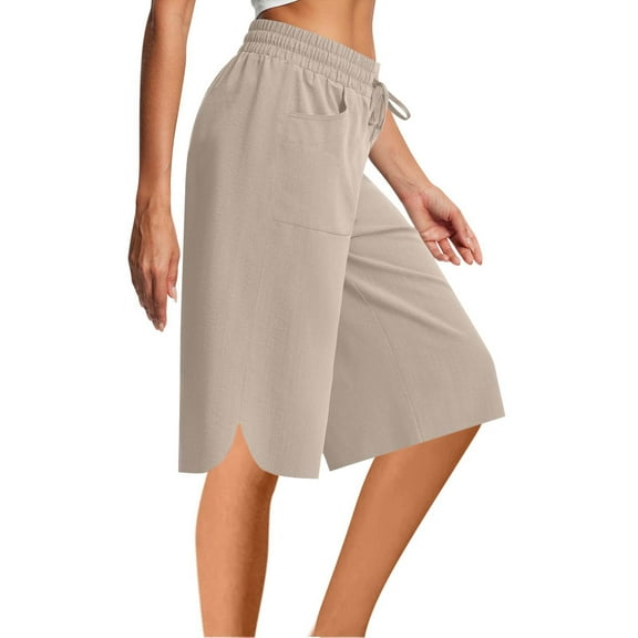 Crunowin Womens Cotton Linen Shorts Side Slit, Summer Beach Shorts Casual Outdoor Walk Shorts with Pockets Khaki M