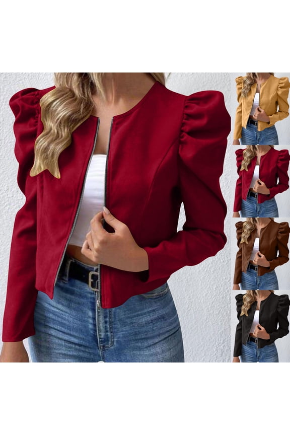 Womens Cropped Jacket, Long Sleeve Zip Up Short Jacket 2025 Stylish Outwear Brown 3XL