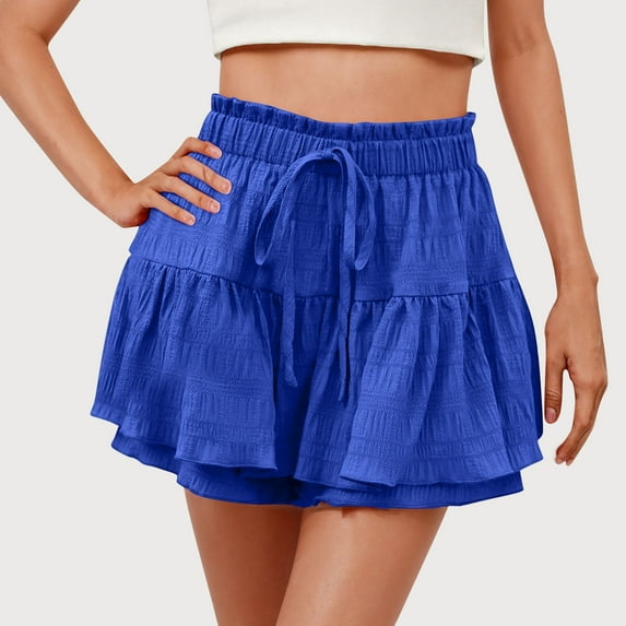 Crunowin Womens Double Layer Ruffle Hem Shorts, Summer Solid Color Ruffle Tiered Skorts Mini Skirt Shorts Blue L