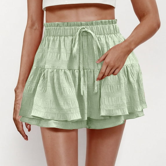 Crunowin Womens Double Layer Ruffle Hem Shorts, Summer Solid Color Ruffle Tiered Skorts Mini Skirt Shorts Mint Green S