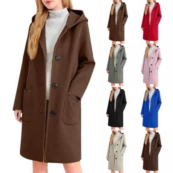 Crunowin Womens Hooded Trench Coats, Single-Breasted Classic Lapel Overcoat Outerwear Coat Red XL