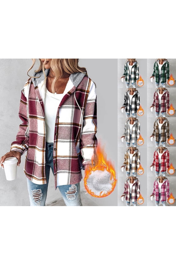 Womens Lightweight Casual Jacket, 2025 Plaid Long Sleeve Shacket Fleece Lined Hooded Jackets Warm Coat Red S