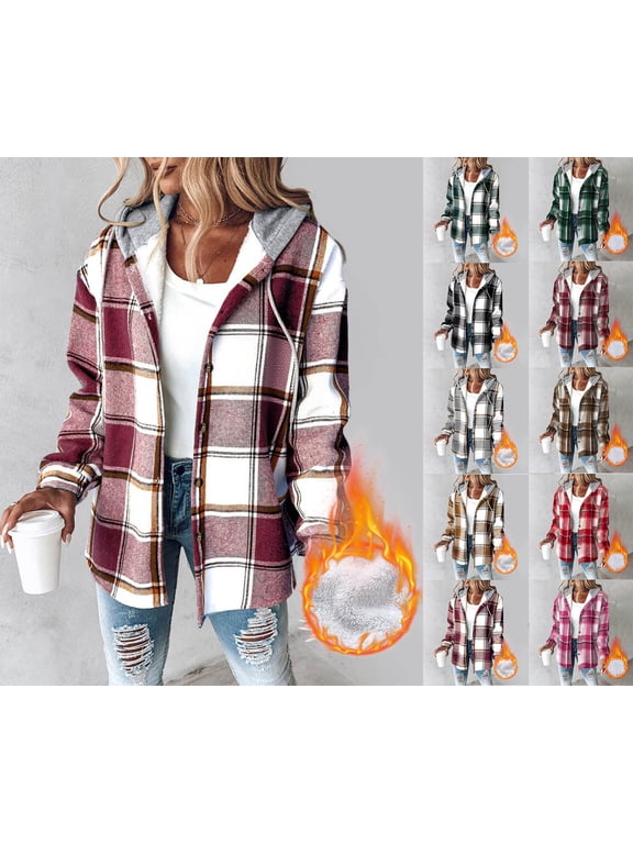 Womens Lightweight Casual Jacket, 2025 Plaid Long Sleeve Shacket Fleece Lined Hooded Jackets Warm Coat Red XL